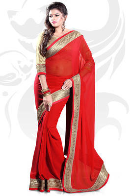 Red Faux Georgette Embroidered Saree With Blouse 1