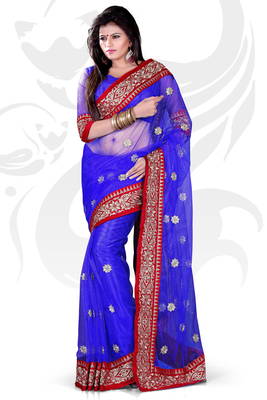 Blue Net Embroidered Saree With Blouse 1