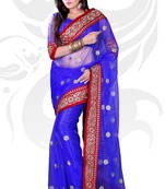 Blue Net Embroidered Saree With Blouse