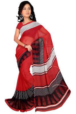 Red printed faux georgette saree with blouse 1