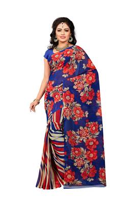 Red printed faux georgette saree with blouse 1