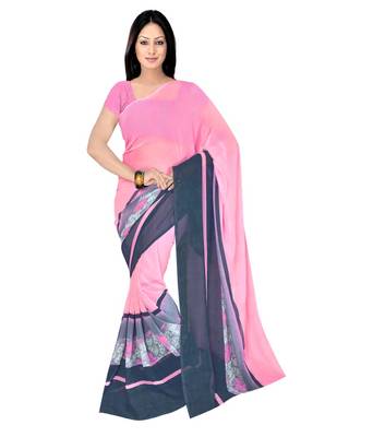 Pink printed georgette saree with blouse 1