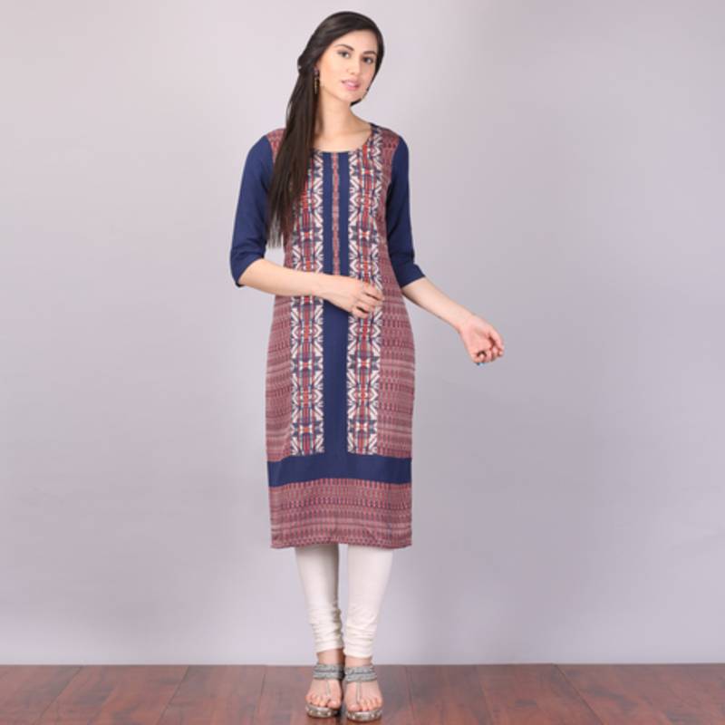 Aurelia Womens Blue Straight Rayon Stitched Kurti