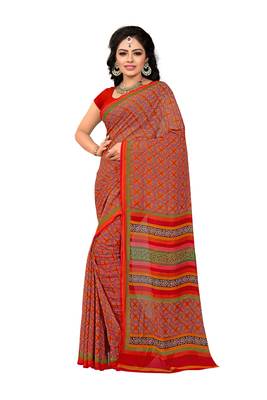 Red printed georgette saree with blouse 1