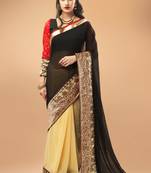 Cream And Beige Georgette Chiffon Saree With Black And Red Blouse Piece
