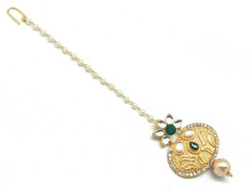 Hand Engraved Golden Big Size Maang Tikka Decorated With Kundan 1