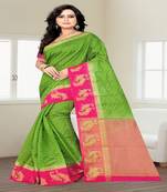 Green printed cotton silk saree with blouse