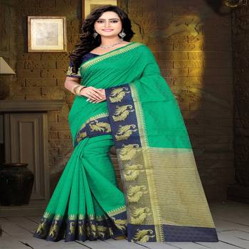 Aqua Blue Printed Cotton Silk Saree With Blouse 1