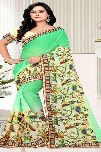 Light Green Embroidered Chiffon Saree With Blouse