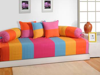 Swayam Yellow and Pink Colour Stripes Diwan Set with Bolster and Cushion Covers (Set of 6) 1