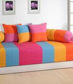 Swayam Yellow and Pink Colour Stripes Diwan Set with Bolster and Cushion Covers (Set of 6)