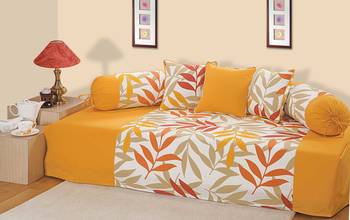 Swayam Yellow and Green Colour Leaf Pattern Diwan Set with Bolster and Cushion Covers (Set of 6) 1