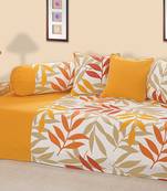 Swayam Yellow and Green Colour Leaf Pattern Diwan Set with Bolster and Cushion Covers (Set of 6)