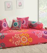 Swayam Pink and Blue Colour Floral Diwan Set with Bolster and Cushion Covers (Set of 6)