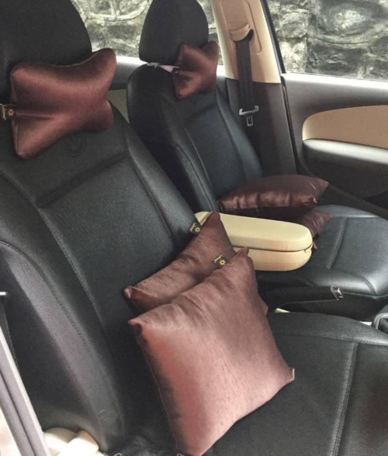 Lushomes Textured Blackout Dark Brown Car Set (4 pcs Cushions 12 x 12 inches & 2 pcs Neck Rest Pillow 6 x 10 inches)