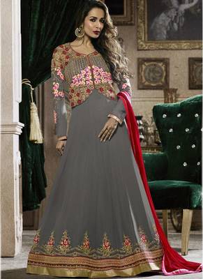 Grey embroidered georgette Anarkali Suit 1