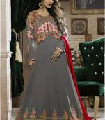 Grey embroidered georgette Anarkali Suit