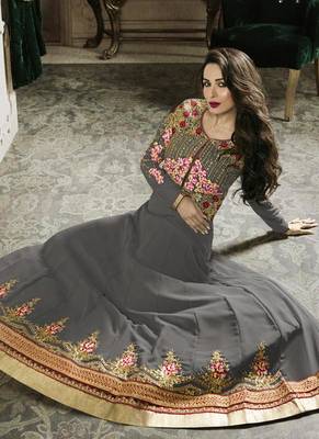 Grey embroidered georgette Anarkali Suit 2