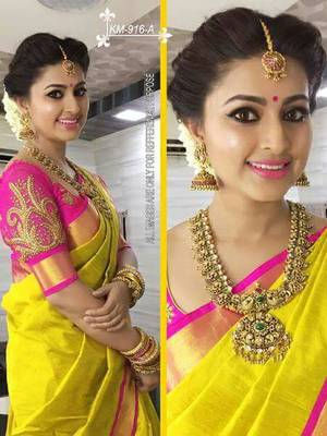 Yellow plain art silk saree with blouse 2
