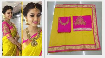 Yellow plain art silk saree with blouse 3
