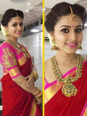 Red plain chanderi saree with blouse 1