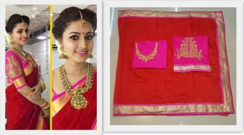 Red plain chanderi saree with blouse 2