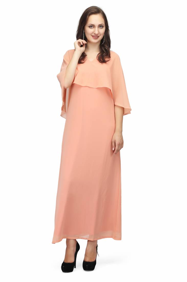 Peach Plain Stitched Georgette Maxi Casual dresses - Karmic Vision