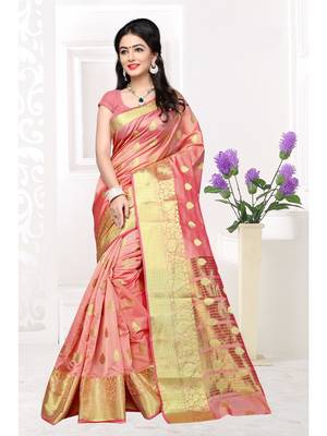 Peach hand woven cotton silk saree with blouse 1
