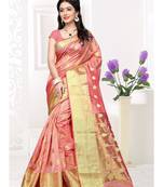 Peach hand woven cotton silk saree with blouse