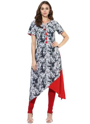 Grey Printed cotton stitched kurti 5