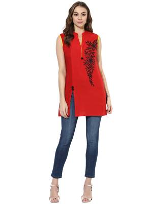 Red Embroidered cotton stitched kurti 5