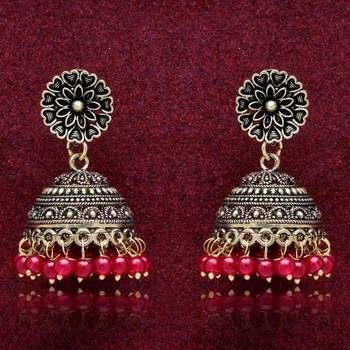 Maroon Color Beads Oxidised Earrings 4