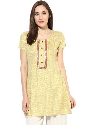 Yellow printed Rayon stitched kurti 1