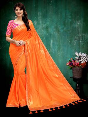 Orange plain silk blend saree with blouse 1