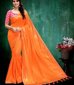 Orange plain silk blend saree with blouse