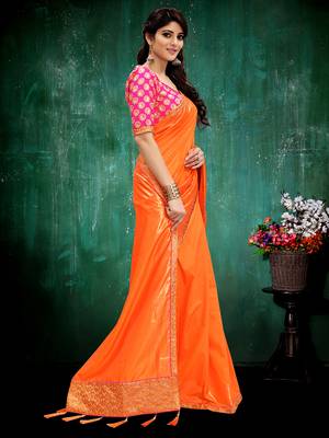 Orange plain silk blend saree with blouse 3