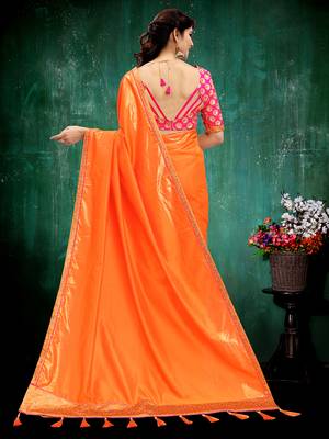Orange plain silk blend saree with blouse 4