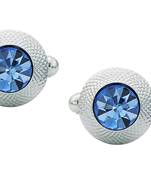 Round Blue Rhodium Plated Brass Cufflink Pair for Men