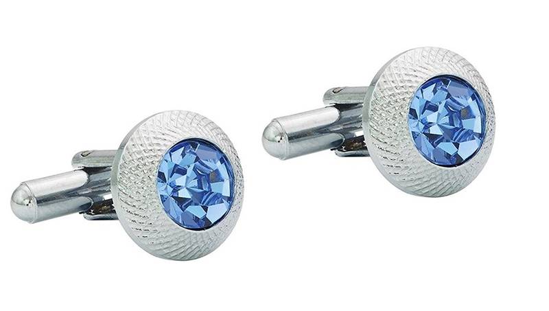 Round Blue Rhodium Plated Brass Cufflink Pair for Men