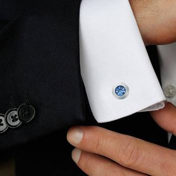 Round Blue Rhodium Plated Brass Cufflink Pair for Men 3