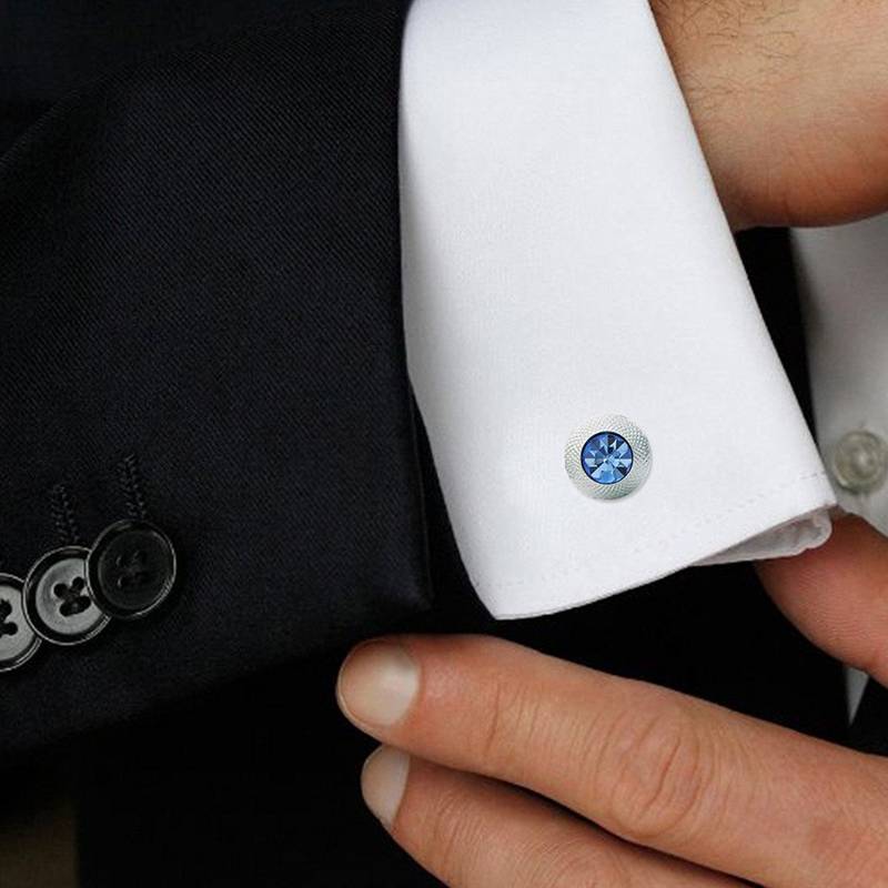 Round Blue Rhodium Plated Brass Cufflink Pair for Men
