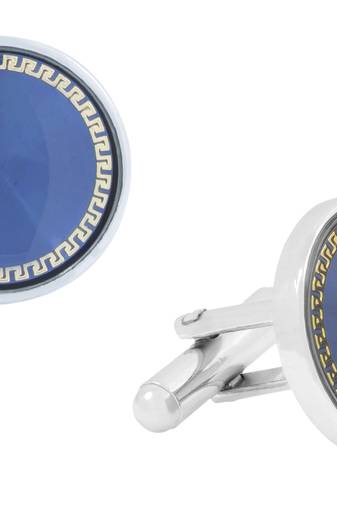 Round Blue Gold Rhodium Plated Brass Cufflink Pair for Men
