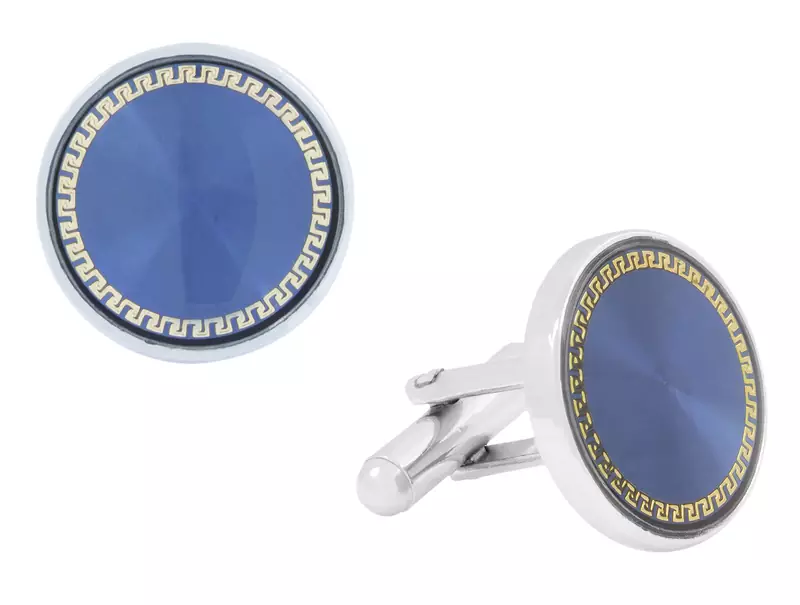 Round Blue Gold Rhodium Plated Brass Cufflink Pair for Men