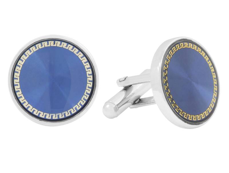 Round Blue Gold Rhodium Plated Brass Cufflink Pair for Men