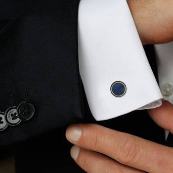 Round Blue Gold Rhodium Plated Brass Cufflink Pair for Men 3