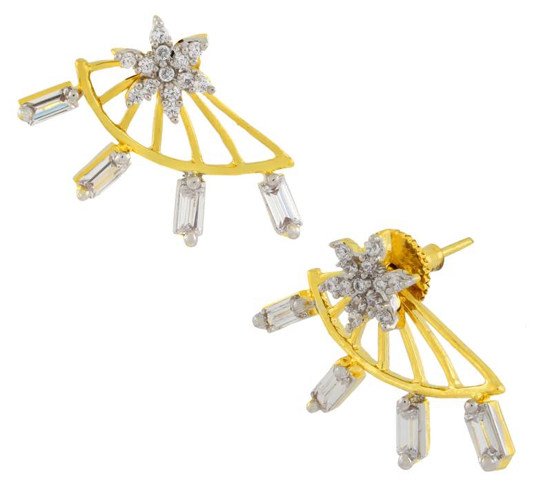 Flower American Diamond CZ Baguette Gold Plated Ear Cuff Pair Jacket Earring for Women