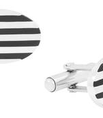 Stripes Oval Black Silver Enamel Rhodium Plated High Quality Brass Cufflink Pair for Men