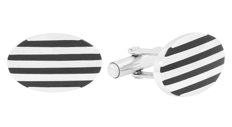 Stripes Oval Black Silver Enamel Rhodium Plated High Quality Brass Cufflink Pair for Men