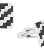 Wave Checks Square Black Silver Enamel Rhodium Plated High Quality Brass Cufflink Pair for Men