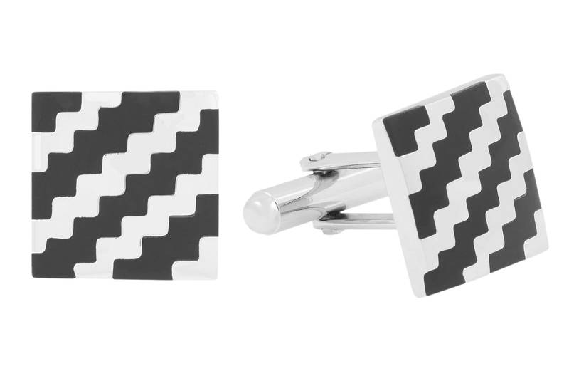Wave Checks Square Black Silver Enamel Rhodium Plated High Quality Brass Cufflink Pair for Men